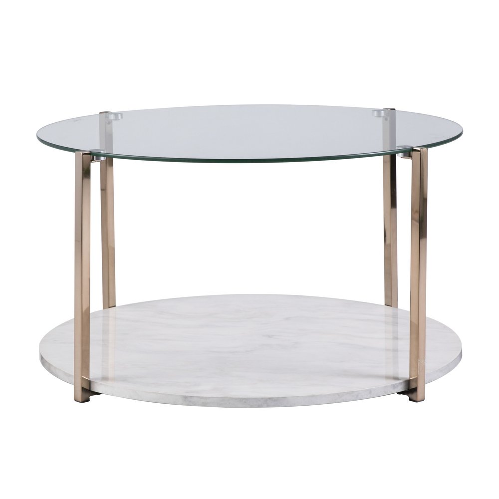 33" Gold Glam Glass And Faux Marble Two Tier Round Coffee Table HomeRoots