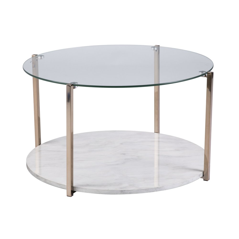 33" Gold Glam Glass And Faux Marble Two Tier Round Coffee Table HomeRoots
