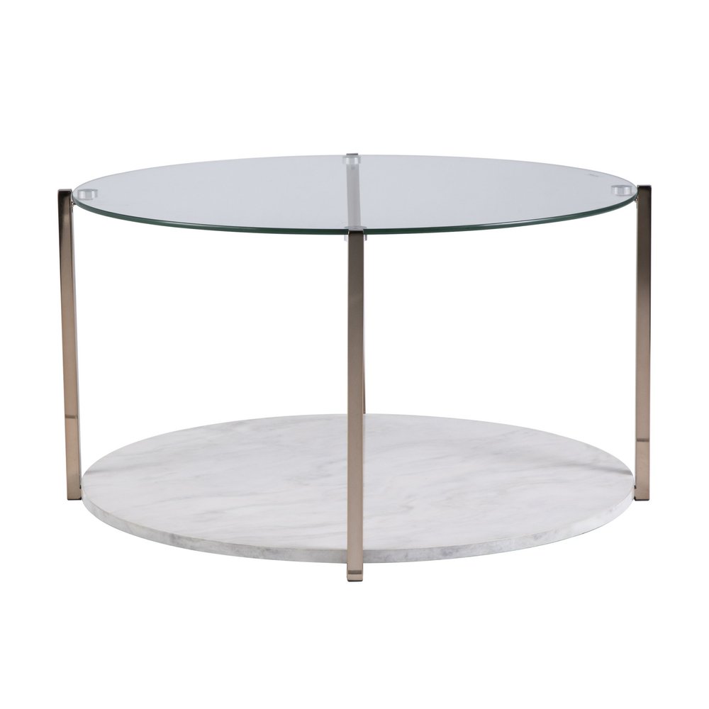 33" Gold Glam Glass And Faux Marble Two Tier Round Coffee Table HomeRoots