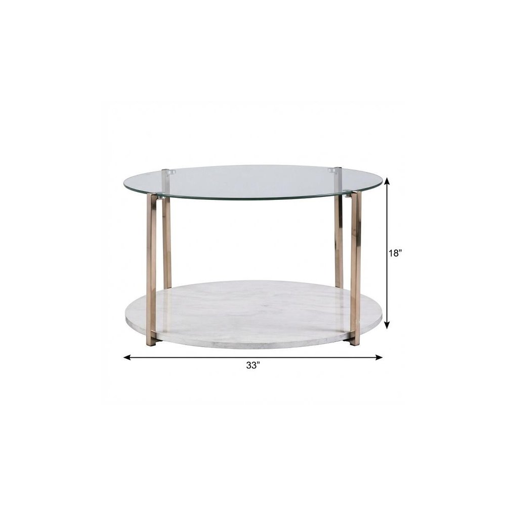 33" Gold Glam Glass And Faux Marble Two Tier Round Coffee Table HomeRoots