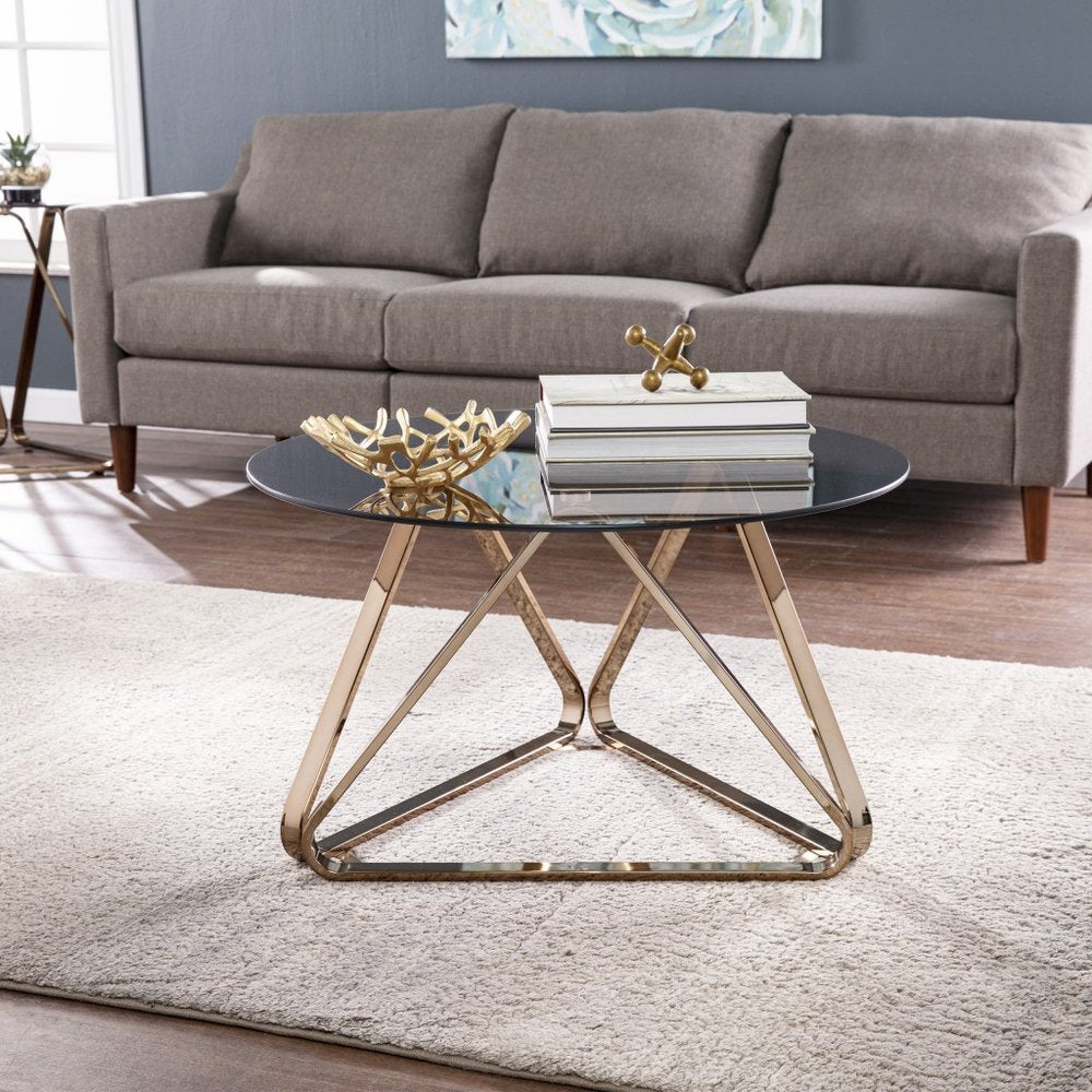 31" Smoky Black and Gold Glass and Metal Round Coffee Table HomeRoots