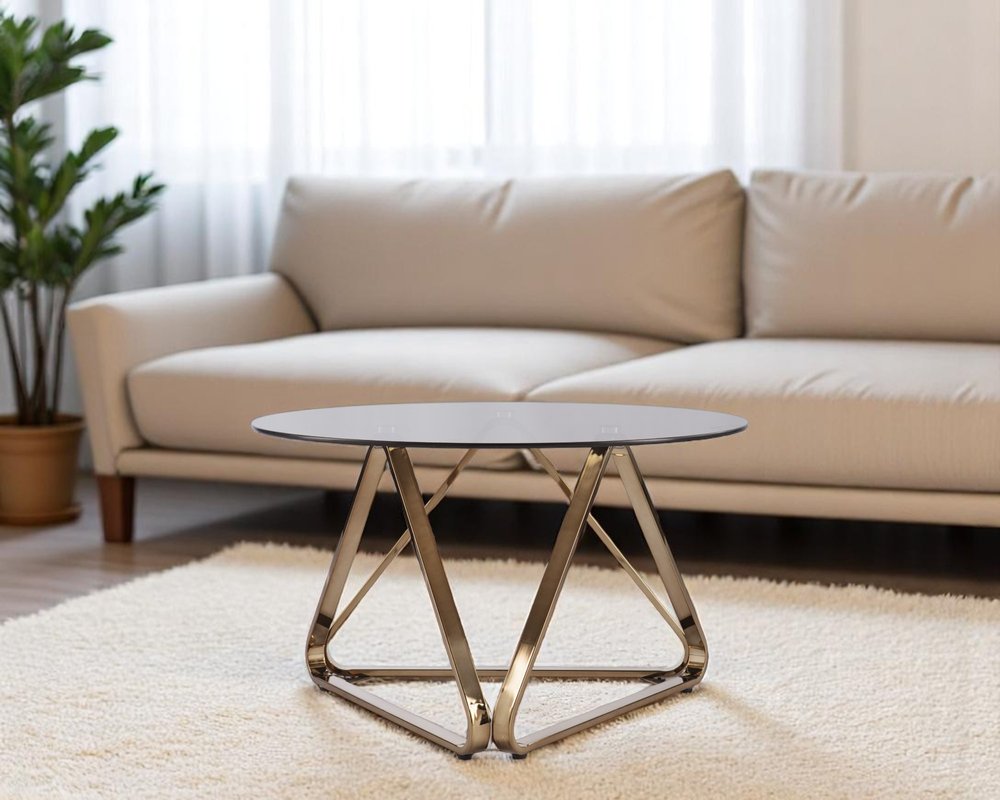 31" Smoky Black and Gold Glass and Metal Round Coffee Table HomeRoots