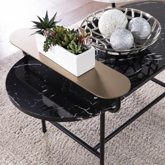 42" Black Faux Marble And Metal With Iron Coffee Table