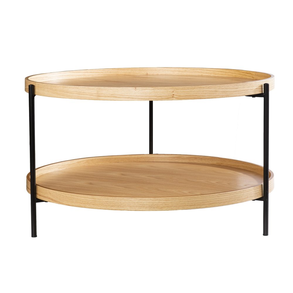 33" Natural and Black Wood and Metal Round Coffee Table HomeRoots