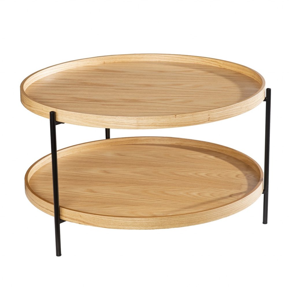 33" Natural and Black Wood and Metal Round Coffee Table HomeRoots