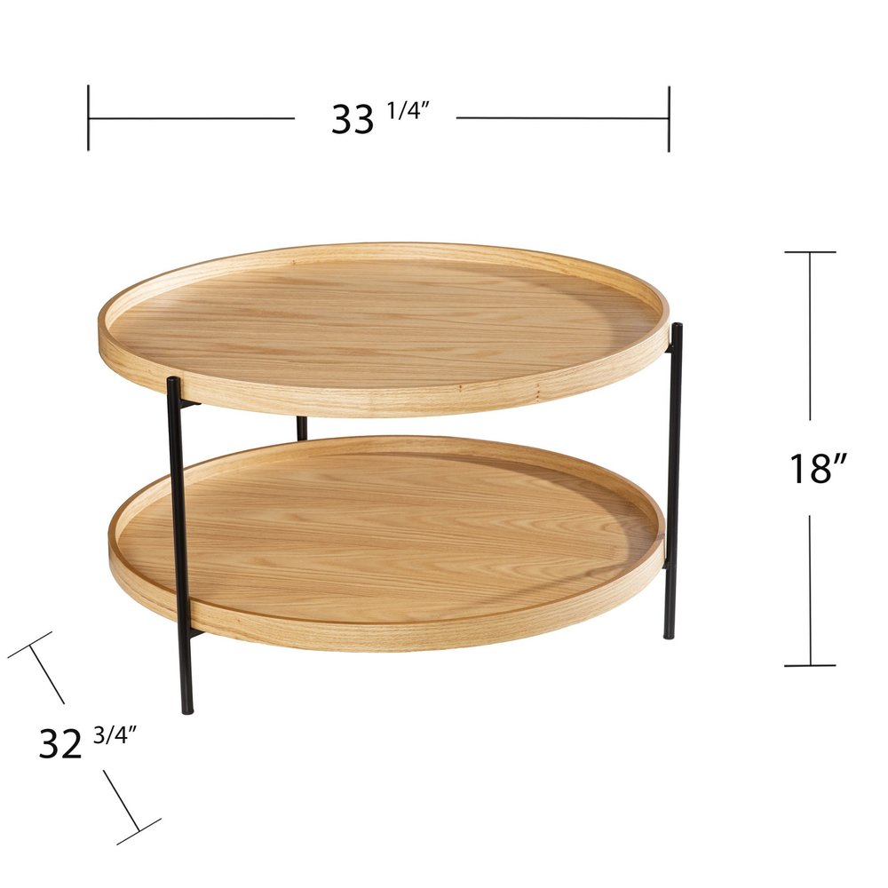 33" Natural and Black Wood and Metal Round Coffee Table HomeRoots