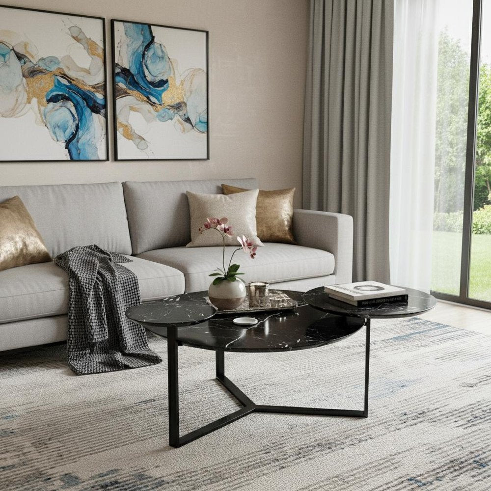 43" Black Faux Marble And Metal With Iron Round Coffee Table