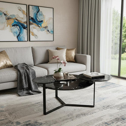 43" Black Faux Marble And Metal With Iron Round Coffee Table HomeRoots