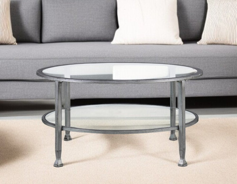 36" Silver Glass And Metal Round Coffee Table HomeRoots