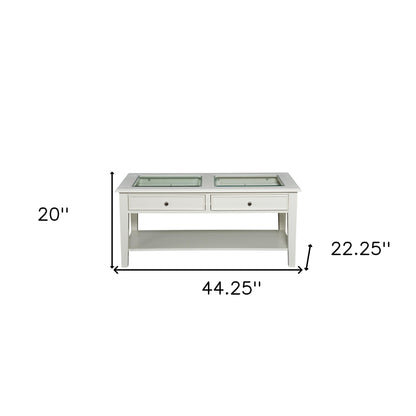 44" Off And White And Off-White Glass And Metal Rectangular Coffee Table