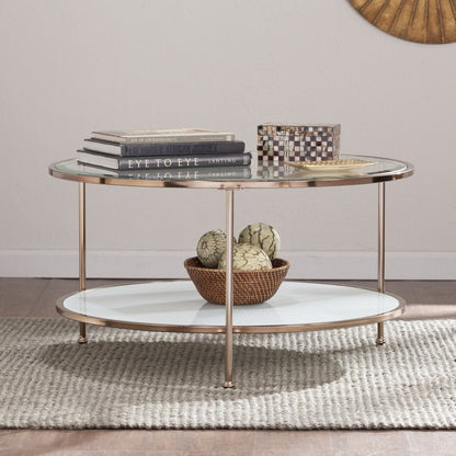 34" Clear and Gold Glass with Iron Round Coffee Table HomeRoots