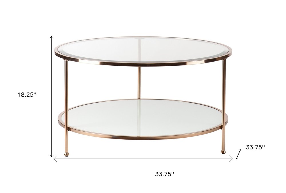 34" Clear and Gold Glass with Iron Round Coffee Table HomeRoots
