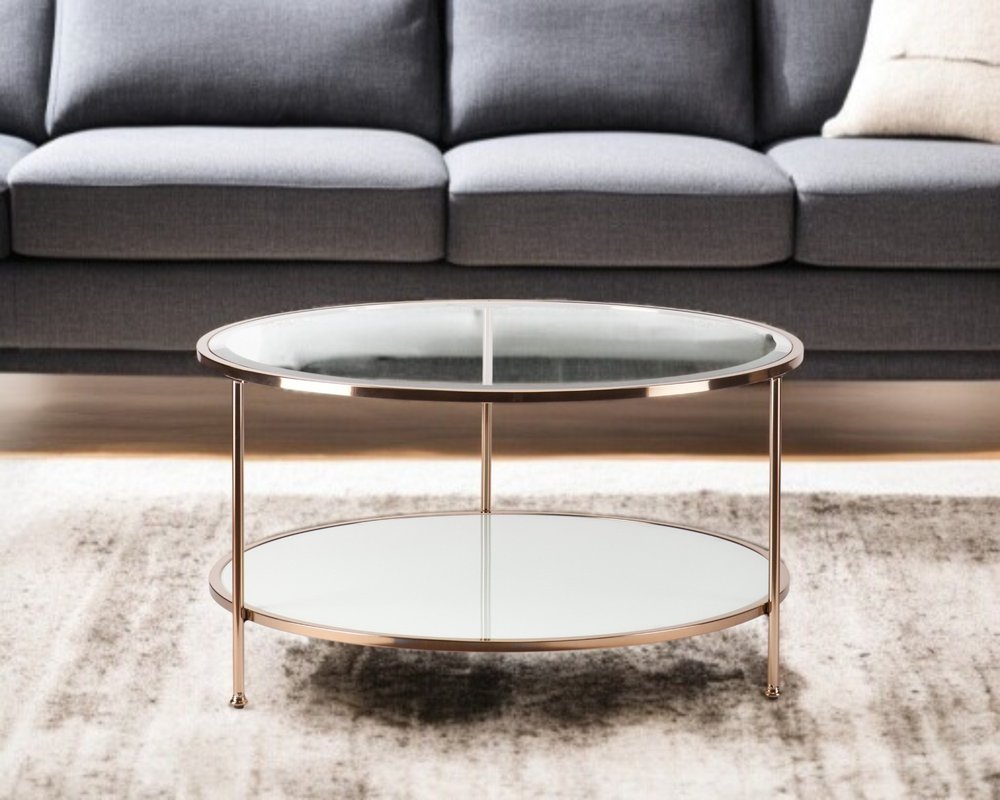 34" Clear and Gold Glass with Iron Round Coffee Table HomeRoots