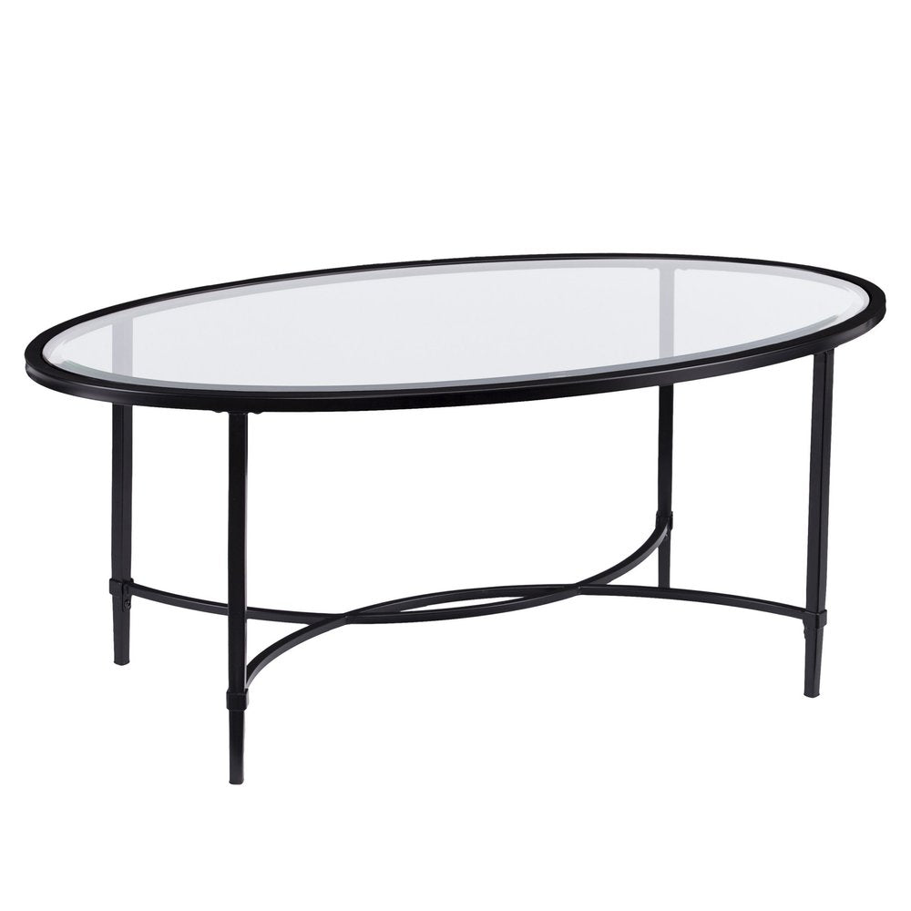 45" Clear and Black Glass and Metal Oval Coffee Table HomeRoots