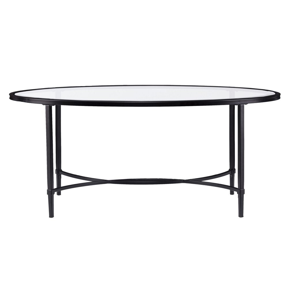 45" Clear and Black Glass and Metal Oval Coffee Table HomeRoots