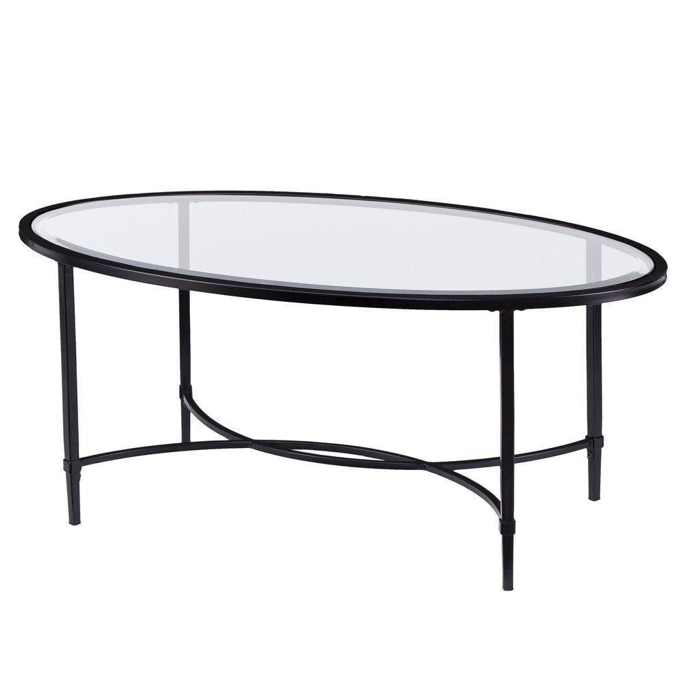 45" Clear and Black Glass and Metal Oval Coffee Table HomeRoots