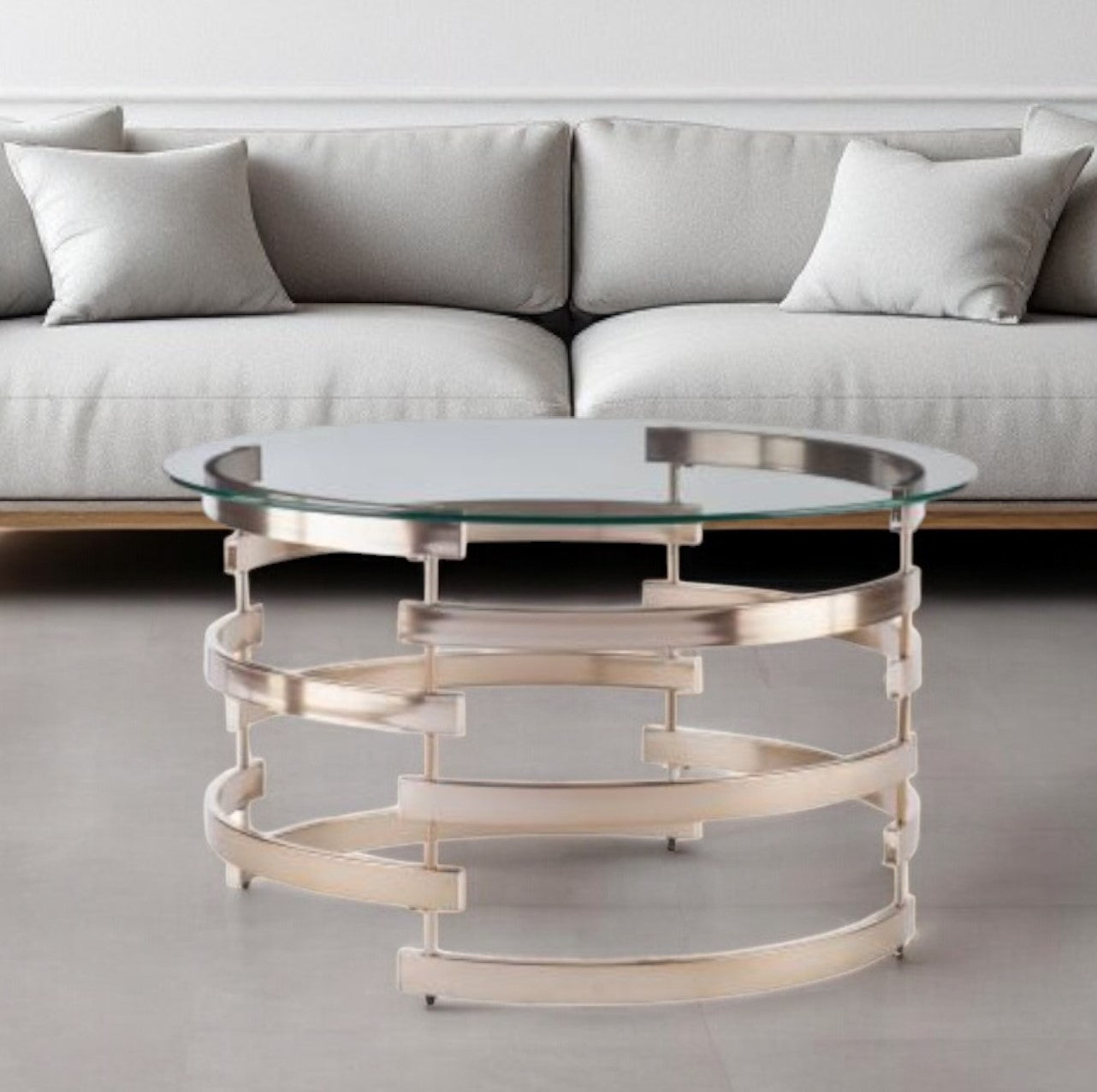 32" Clear And Champagne Glass And Metal With Iron Round Coffee Table