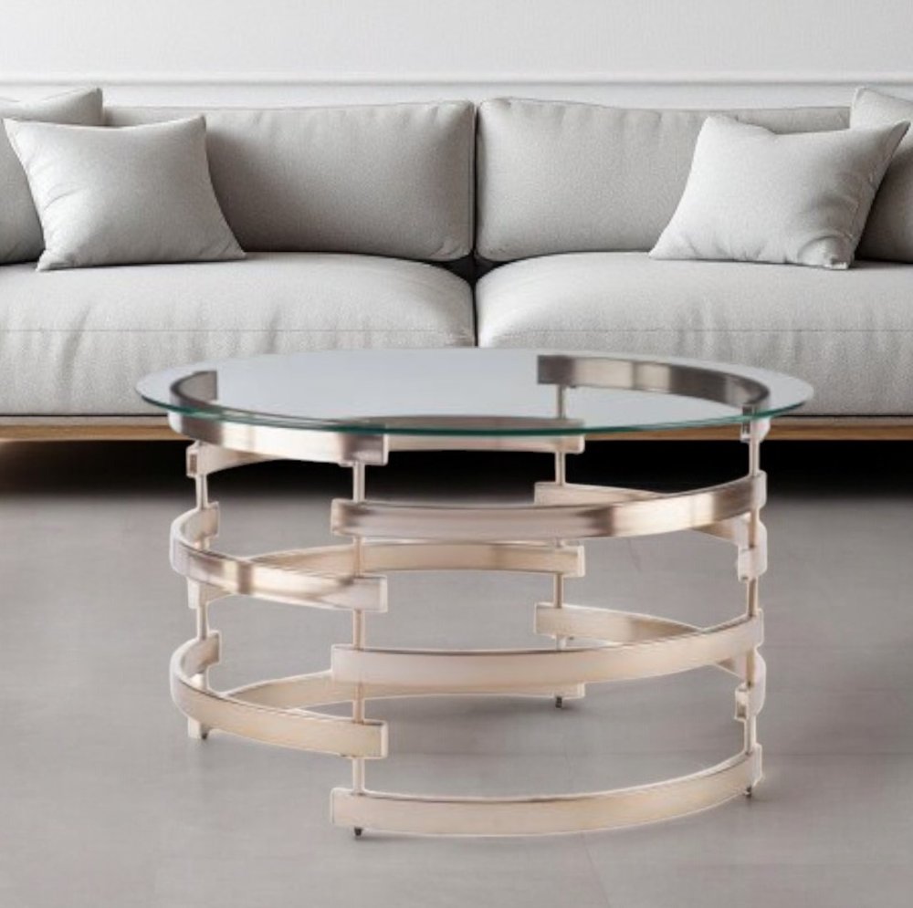32" Clear And Champagne Glass And Metal With Iron Round Coffee Table HomeRoots