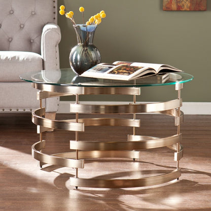 32" Clear And Champagne Glass And Metal With Iron Round Coffee Table HomeRoots