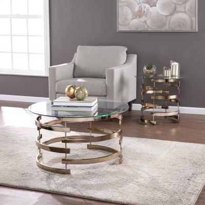 32" Clear And Champagne Glass And Metal With Iron Round Coffee Table