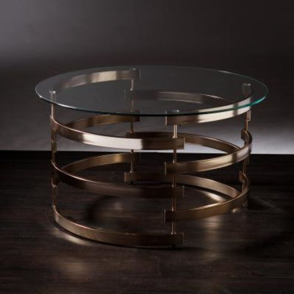 32" Clear And Champagne Glass And Metal With Iron Round Coffee Table HomeRoots