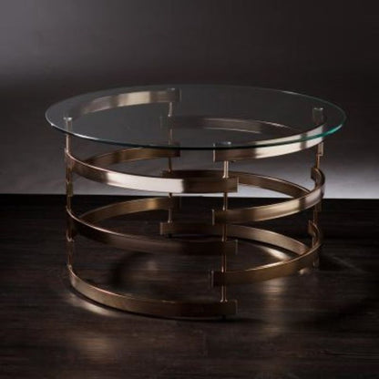 32" Clear And Champagne Glass And Metal With Iron Round Coffee Table HomeRoots