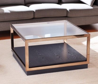 33" Champagne Glass And Solid Manufactured Wood Square Coffee Table HomeRoots