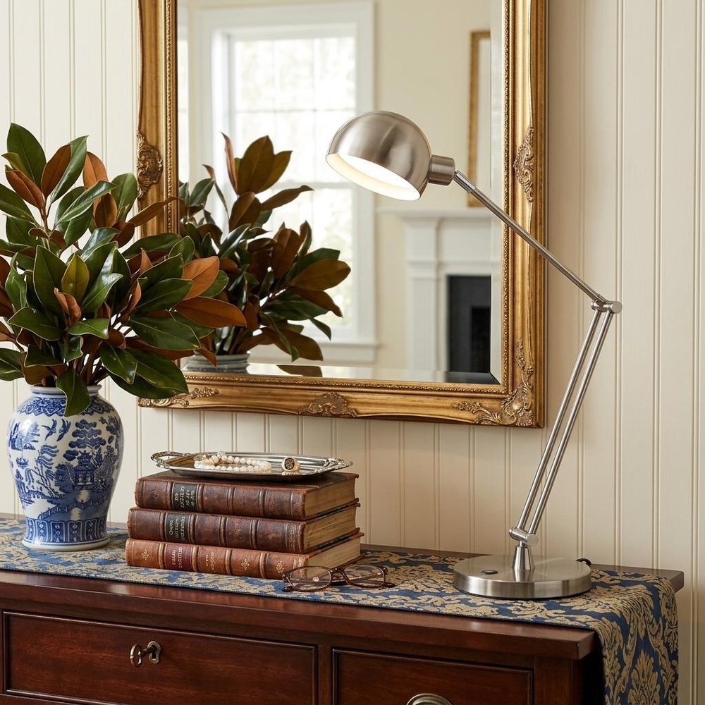 18" Nickel Metal Adjustable Swing Arm LED Desk Lamp With USB HomeRoots