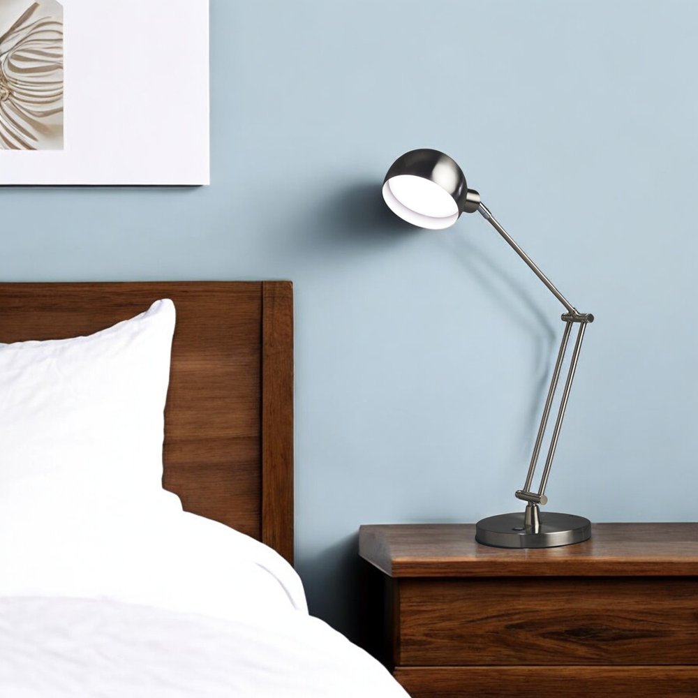 18" Nickel Metal Adjustable Swing Arm LED Desk Lamp With USB HomeRoots