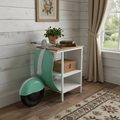 26" Green And White Novelty Scooter Open Cabinet with Two Shelves HomeRoots