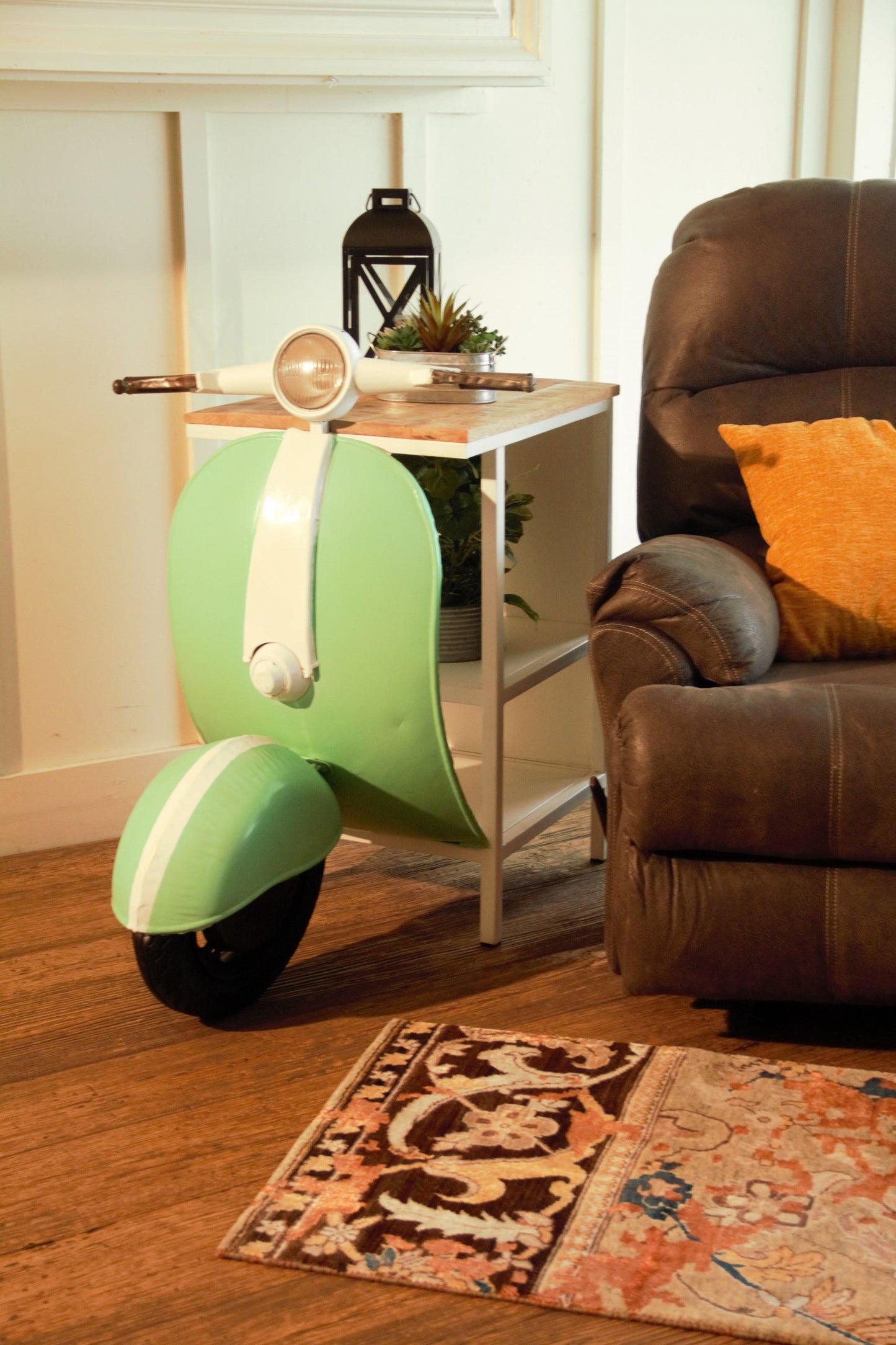 26" Green And White Novelty Scooter Open Cabinet with Two Shelves HomeRoots