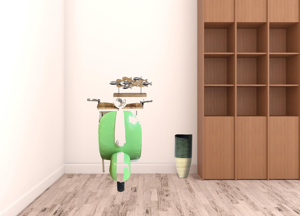 26" Green And White Novelty Scooter Open Cabinet with Two Shelves HomeRoots