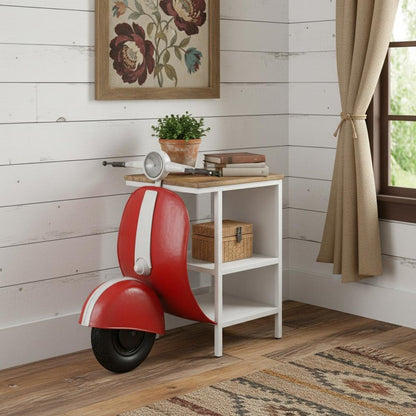 26" Red and Off White Novelty Scooter Open Cabinet With Two Shelves HomeRoots