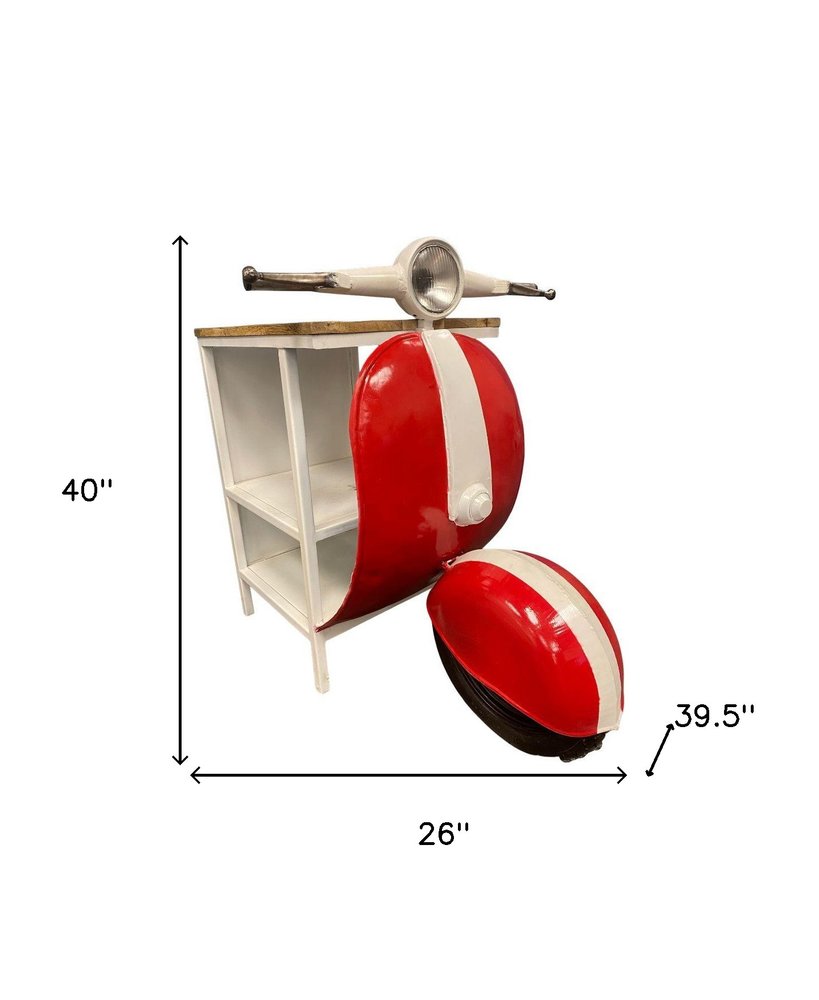 26" Red and Off White Novelty Scooter Open Cabinet With Two Shelves HomeRoots