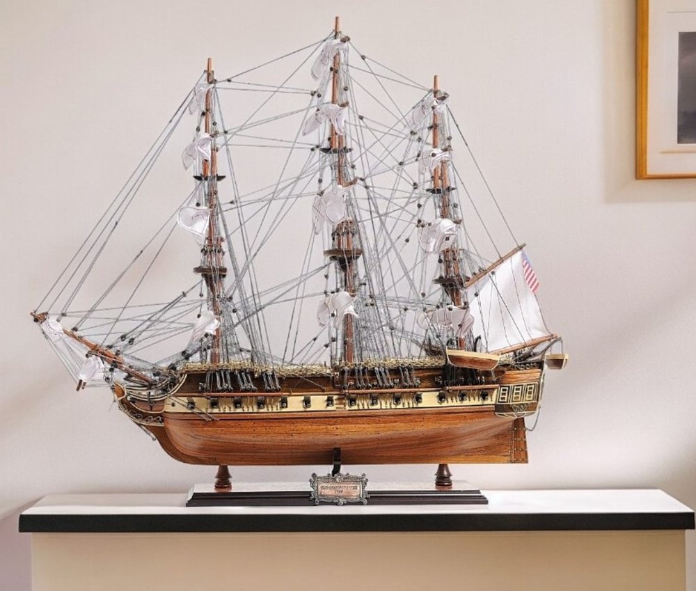 30" Wood Brown Solid Wood Hand Painted 1797 USS Constitution Medium Open Fron Display Case Model Boat HomeRoots