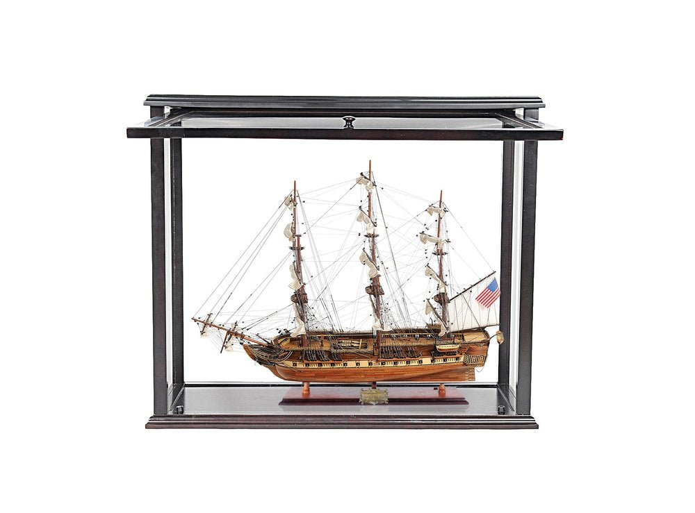 30" Wood Brown Solid Wood Hand Painted 1797 USS Constitution Medium Open Fron Display Case Model Boat HomeRoots