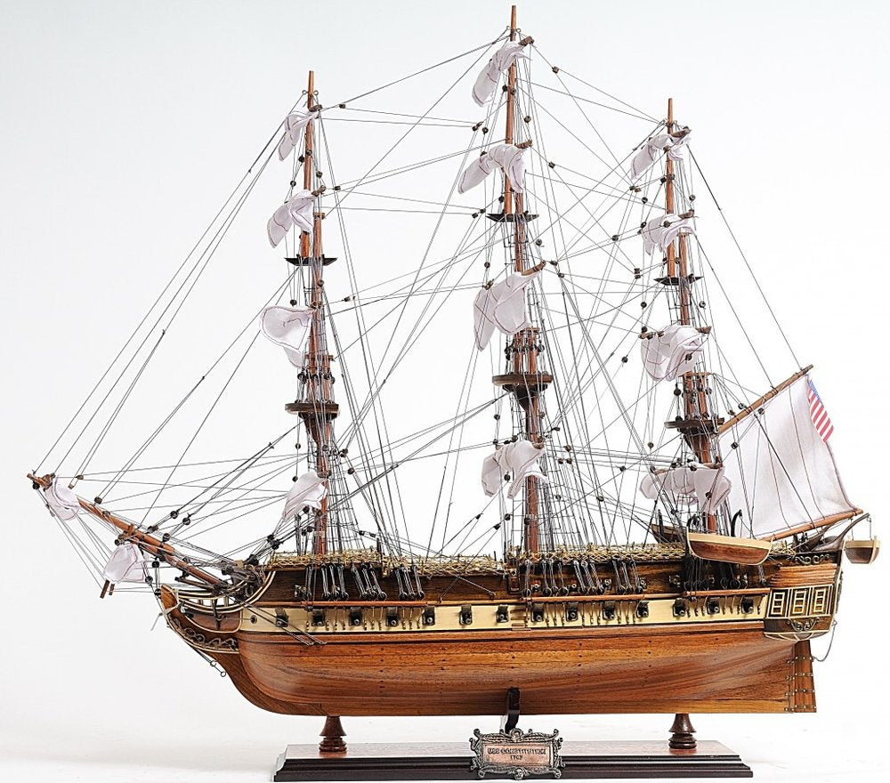 30" Wood Brown Solid Wood Hand Painted 1797 USS Constitution Medium Open Fron Display Case Model Boat HomeRoots