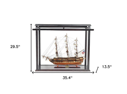 30" Wood Brown Solid Wood Hand Painted 1797 USS Constitution Medium Open Fron Display Case Model Boat HomeRoots