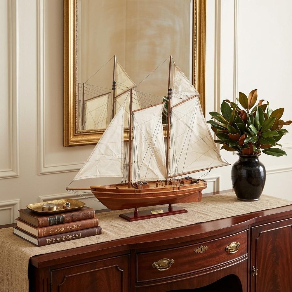 28" Wood Brown America 1851 Yacht Hand Painted Sculpture HomeRoots