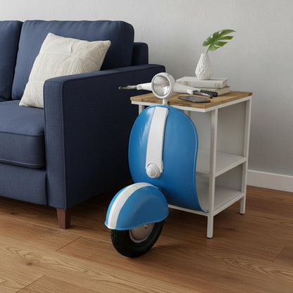 40" Natural Blue and Vanilla Solid Wood and Steel Scooter End Table With Two Shelves HomeRoots