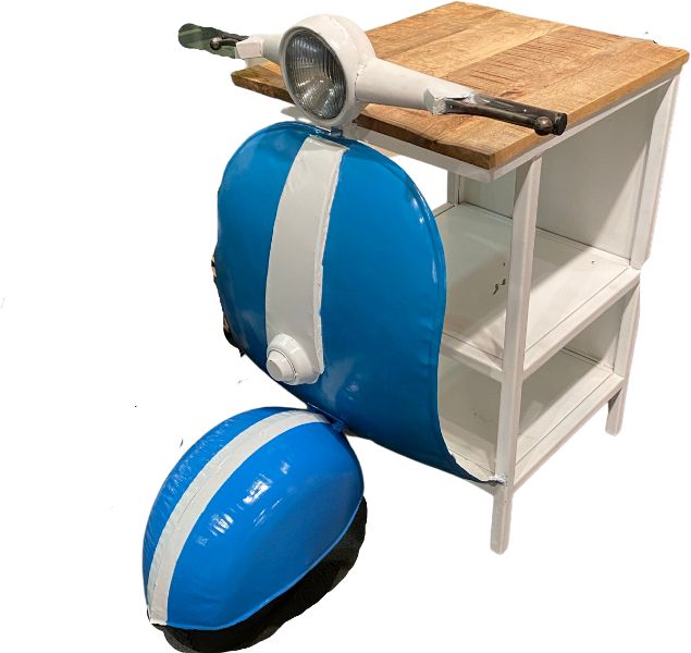 40" Natural Blue and Vanilla Solid Wood and Steel Scooter End Table With Two Shelves — view 4
