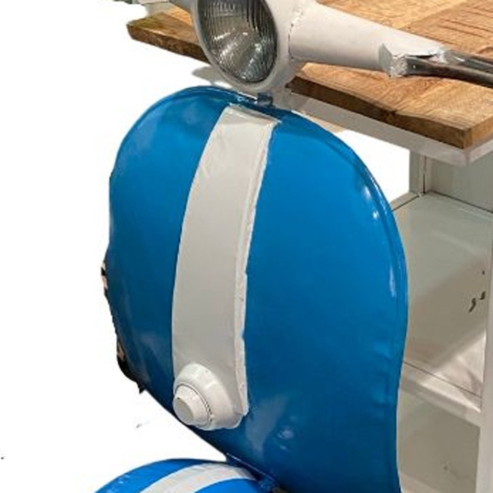 40" Natural Blue and Vanilla Solid Wood and Steel Scooter End Table With Two Shelves HomeRoots