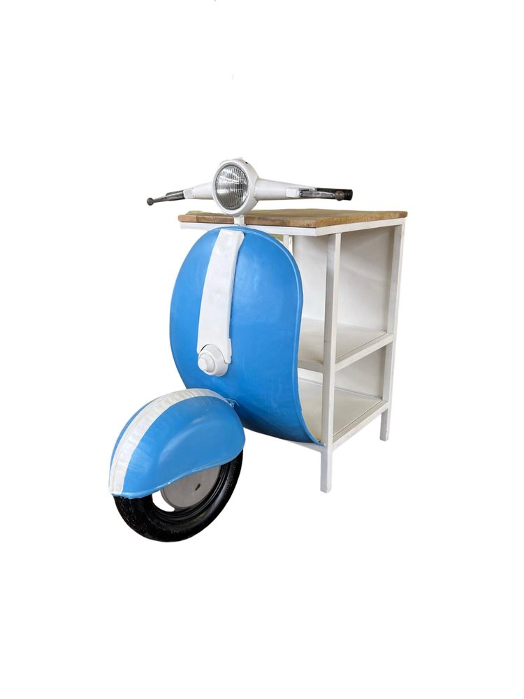 40" Natural Blue and Vanilla Solid Wood and Steel Scooter End Table With Two Shelves HomeRoots