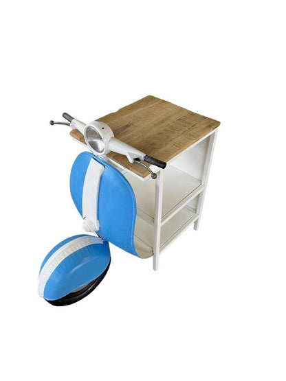 40" Natural Blue and Vanilla Solid Wood and Steel Scooter End Table With Two Shelves HomeRoots