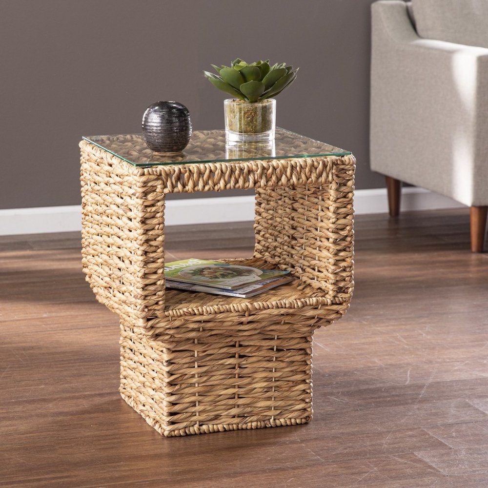 23" Brown And Clear Glass And Rattan Wicker Square End Table HomeRoots