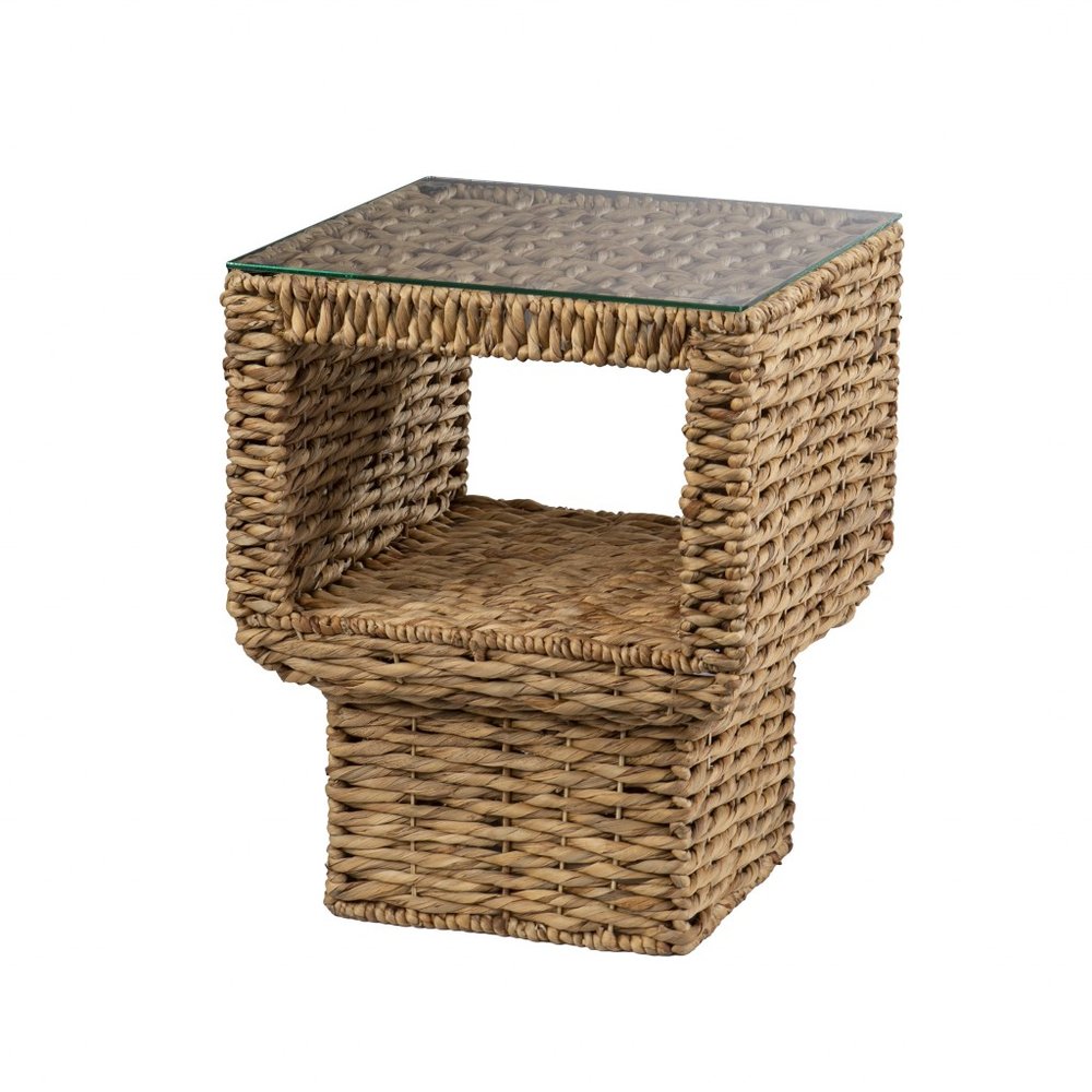 23" Brown And Clear Glass And Rattan Wicker Square End Table HomeRoots