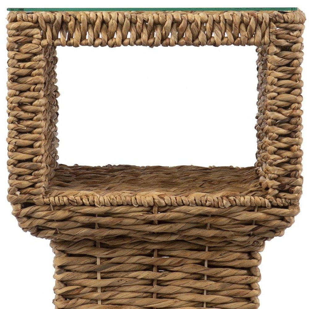 23" Brown And Clear Glass And Rattan Wicker Square End Table HomeRoots