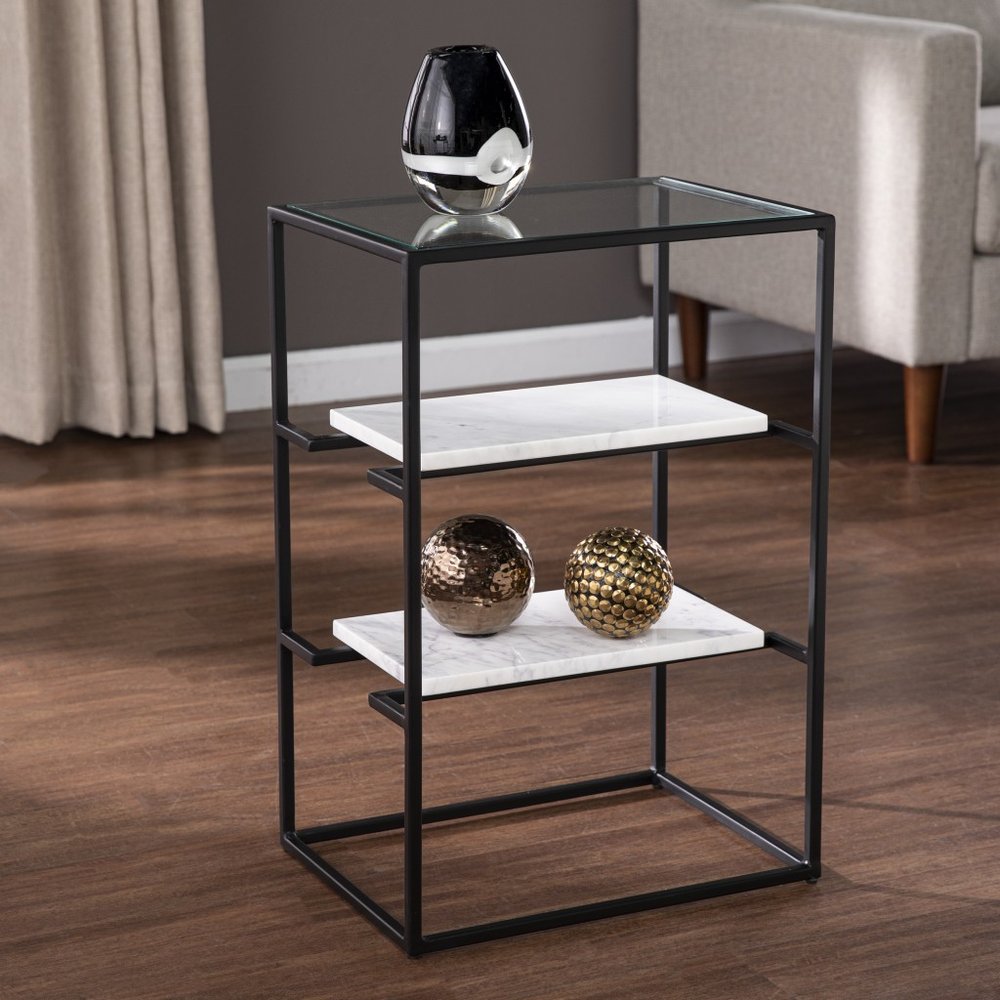24" Black Glass and Marble Rectangular End Table With Two Shelves HomeRoots