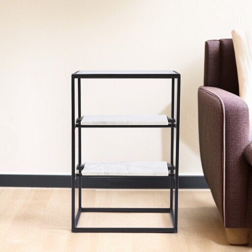 24" Black Glass and Marble Rectangular End Table With Two Shelves HomeRoots