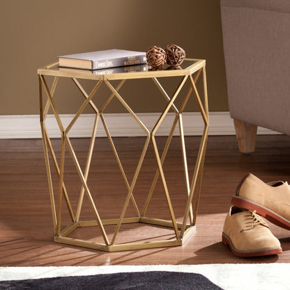 19" Gold And Reflective Glass Hexagon Mirrored End Table HomeRoots